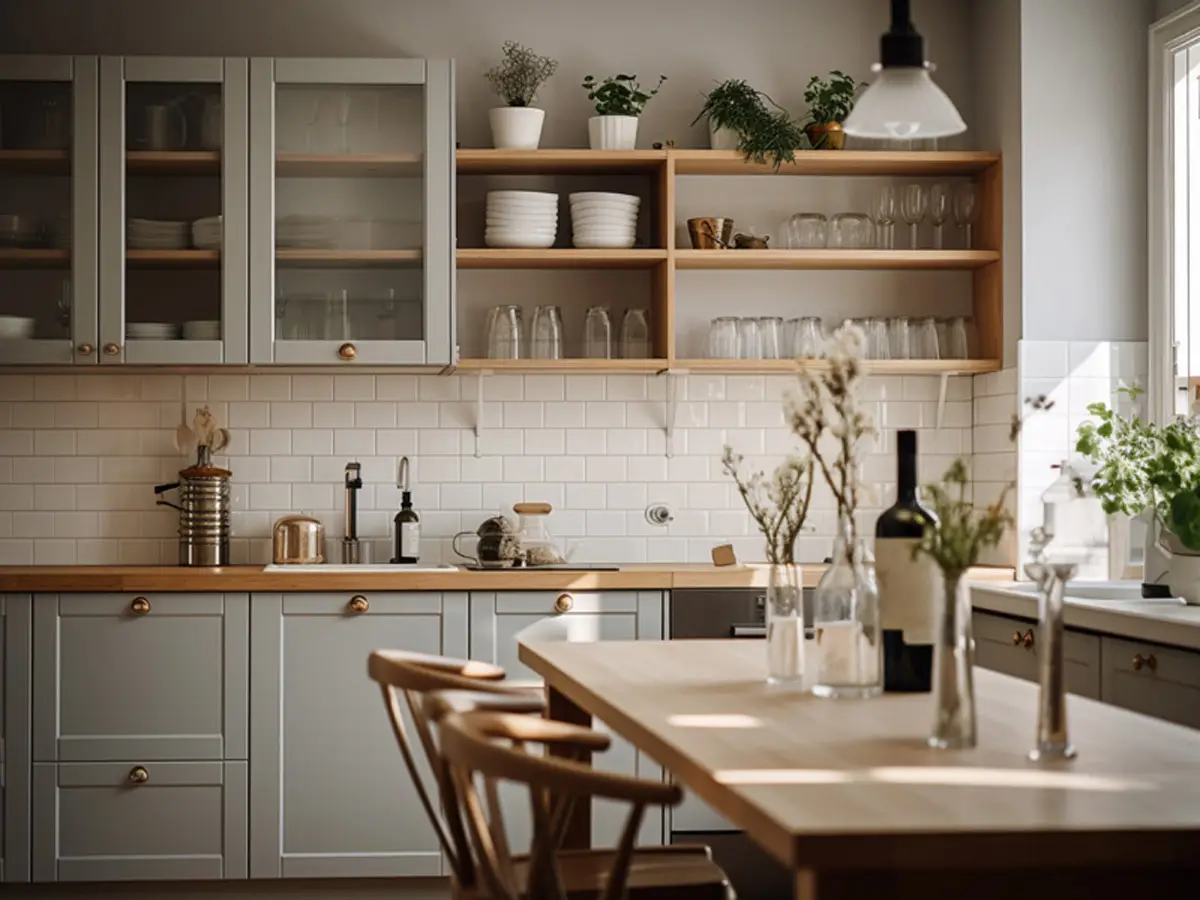 Kitchen interior with wooden shelves and white cupboards. modern kitchen design.